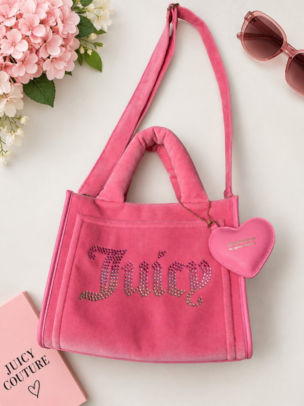 Juicy Couture Pink Velour Rhinestone Tote Bag Heart Charm Y2K McBling